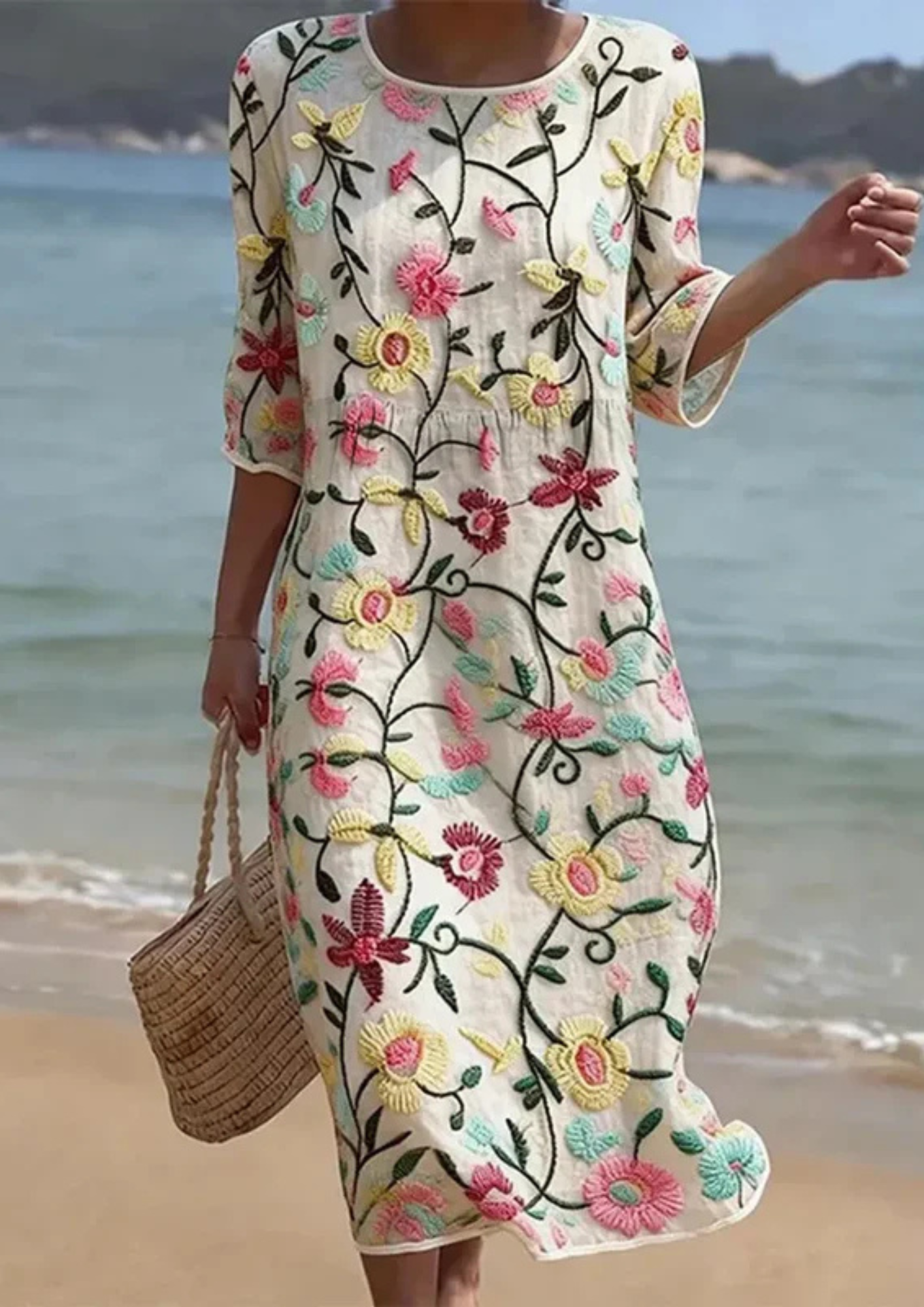Evania – Vestido Boho Bordado Multicolor