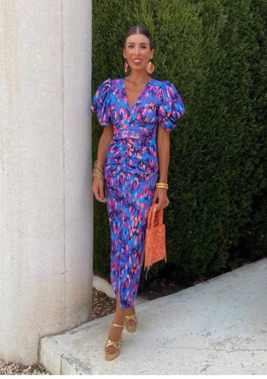 Yaiza – Vestido Midi Estampado con Mangas Abullonadas