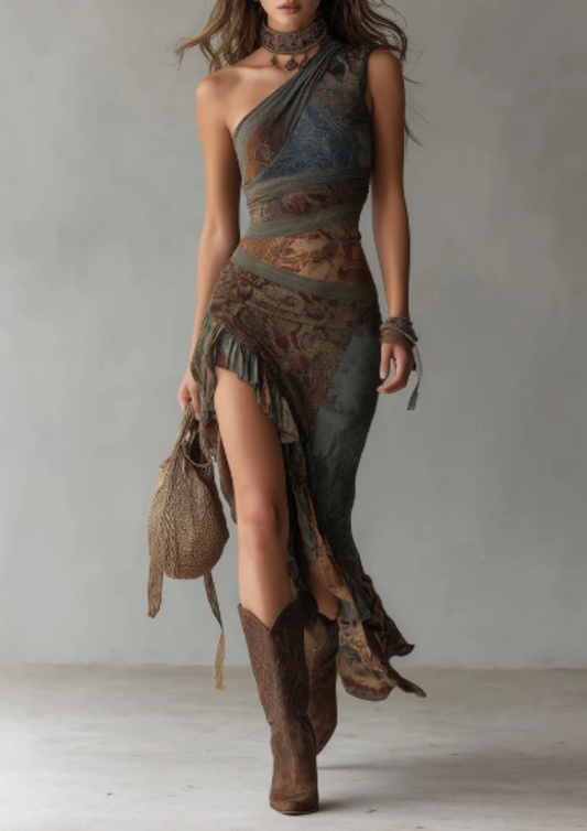 Elena – Vestido largo asimétrico de un solo hombro con estampado étnico y abertura alta