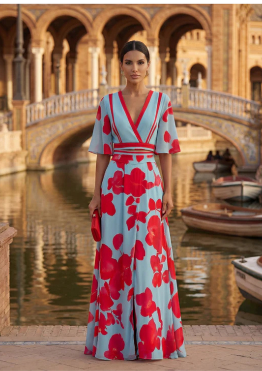 Camila – Vestido Midi Floral con Escote Cruzado y Abertura
